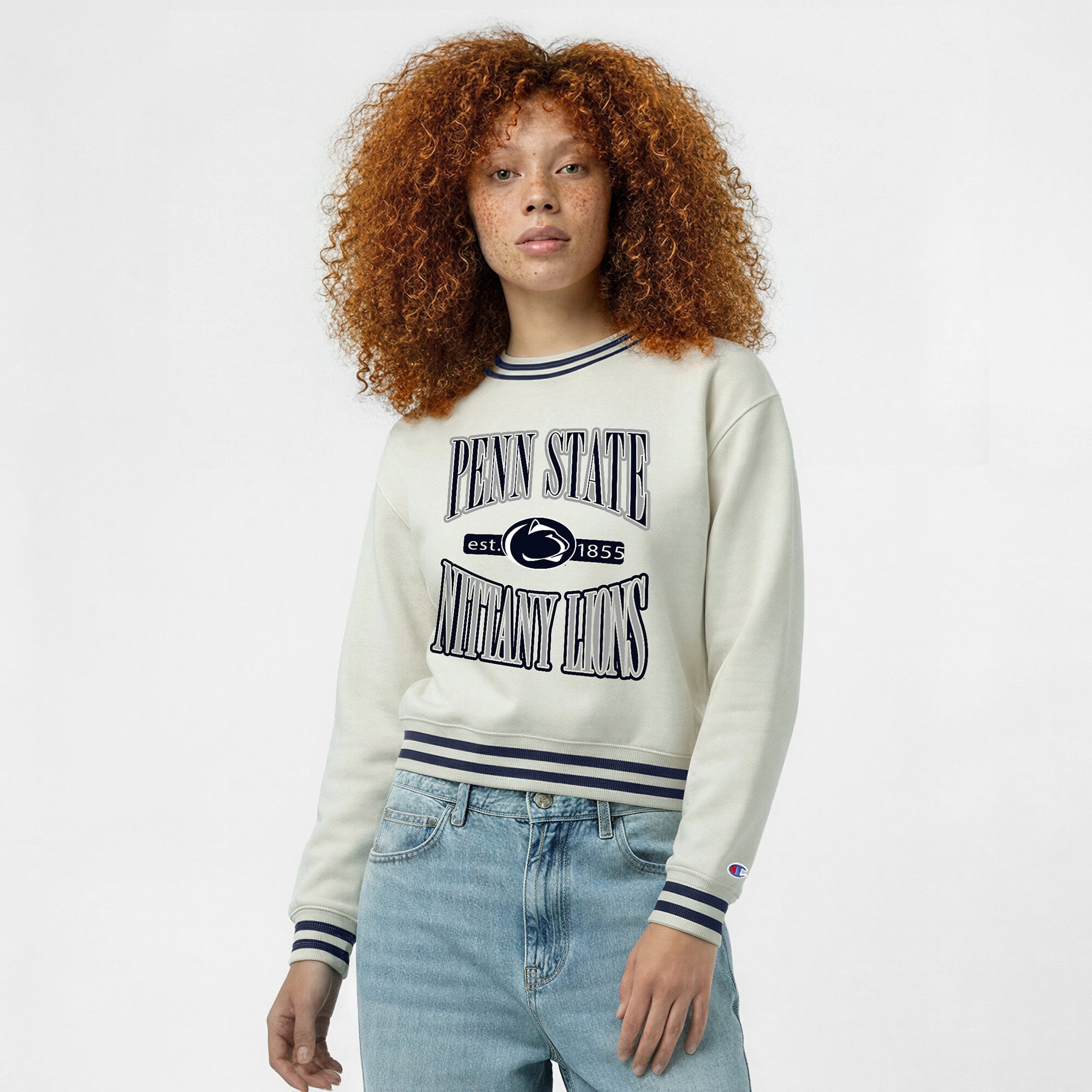 Women's Champion White Penn State Nittany Lions Yarn Dye Rib Reverse Weave Crew Sweatshirt